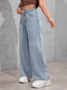 SHEIN PETITE 休闲洗水直筒牛仔裤 - 藍色 - 查看 6