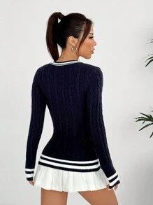 SHEIN EZwear Jersey de manga larga con cuello en V ajustado para mujer, con estampado de rayas, para otoño/invierno