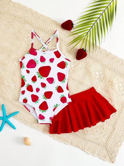 SHEIN 1 件女婴可爱草莓印花连体泳衣（含裙摆）