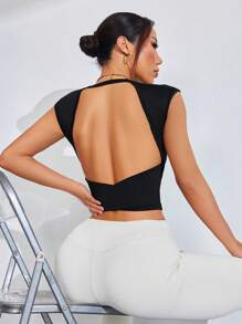 Easithlete Women Open Back Cutout Fitted Sports T-Shirt - Black - View 5