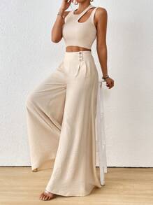 SoleilVie Fall Women Clothes Women's High Waist Button Detail Pleated Wide Leg Pants - Apricot - View 4