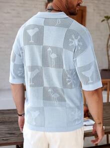 Manfinity Homme Blusa de malha masculina com estampa de taça de vinho, abotoamento simples, manga curta, camisas de verão para homens, camisas casuais - Baby Azul - Ver 3