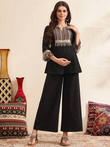 SHEIN Maternity Patchwork Strap 3/4 Sleeve V-Neck Top And Wide Leg Pants 2 Pieces Loose Set - Black - View 2