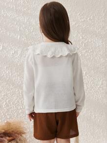SHEIN Young Girls Elegant Ruffled Collar Knit Cardigan, Spring/Summer - White - View 2