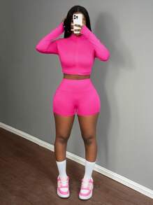 Slaydiva 3pcs Summer Women Sports Set: Zipper Half Stand Collar Tight Long Sleeve T-Shirt Jacket, Sleeveless Cropped Tank Top, Sports Shorts - Style B