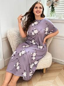 Rochie maxi din tricot cu imprimeu floral de marime plus pentru tinuta acasa