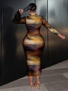 Slaydiva Pinselstrich bedrucktes lässiges minimalistisches Design Bodycon-Kleid in großen Größen mit Langarm