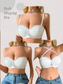 1pc Ladies Lace Floral Embellished Seamless Bandeau Bra, With Underwire Lingerie, Kawaii - White - View 1