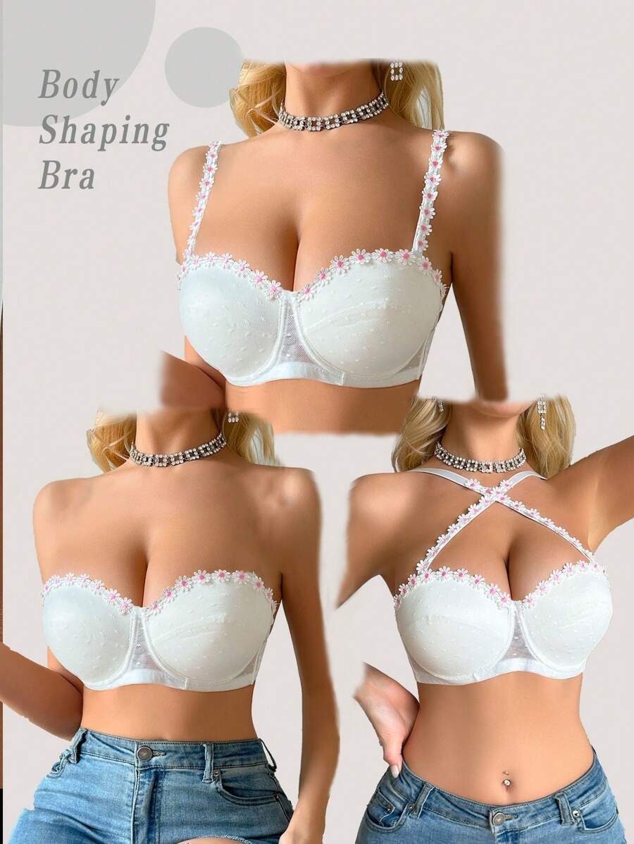 1pc Ladies Lace Floral Embellished Seamless Bandeau Bra, With Underwire Lingerie, Kawaii - White - View 1