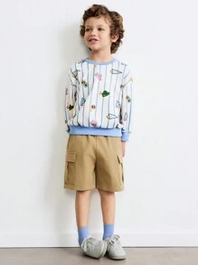 THE HAPPY LOOK Young Boys Ribbed Cute Graphic Print Crew Neck Drop Shoulder Sweatshirts, Casual & Adorable Style, Suitable For Spring & Winter