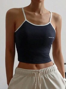 DAZY 女士撞色边饰字母印花吊带背心 - 藏蓝色 - 查看 4