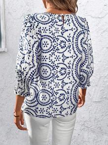 SHEIN Clasi Blusa de mujer con cuello redondo y manga abullonada con estampado