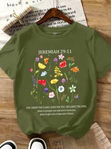 Calvaya 大码女式上衣字母标语花卉图案印花短袖休闲 T 恤图案 T 恤女式，夏季 - 軍綠色 - 查看 1