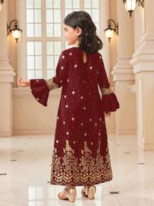 Young Girl' V-Neck Long Sleeve Minimalist Graphic Print Casual Dress - Burgundy - View 2