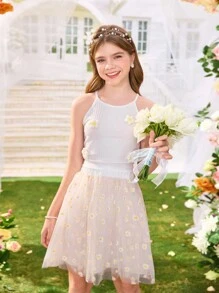 SHEIN 2pcs/Set Tween Girl/Juniors Daisy Print Mesh Overlay Short Skirt Set - White - View 3
