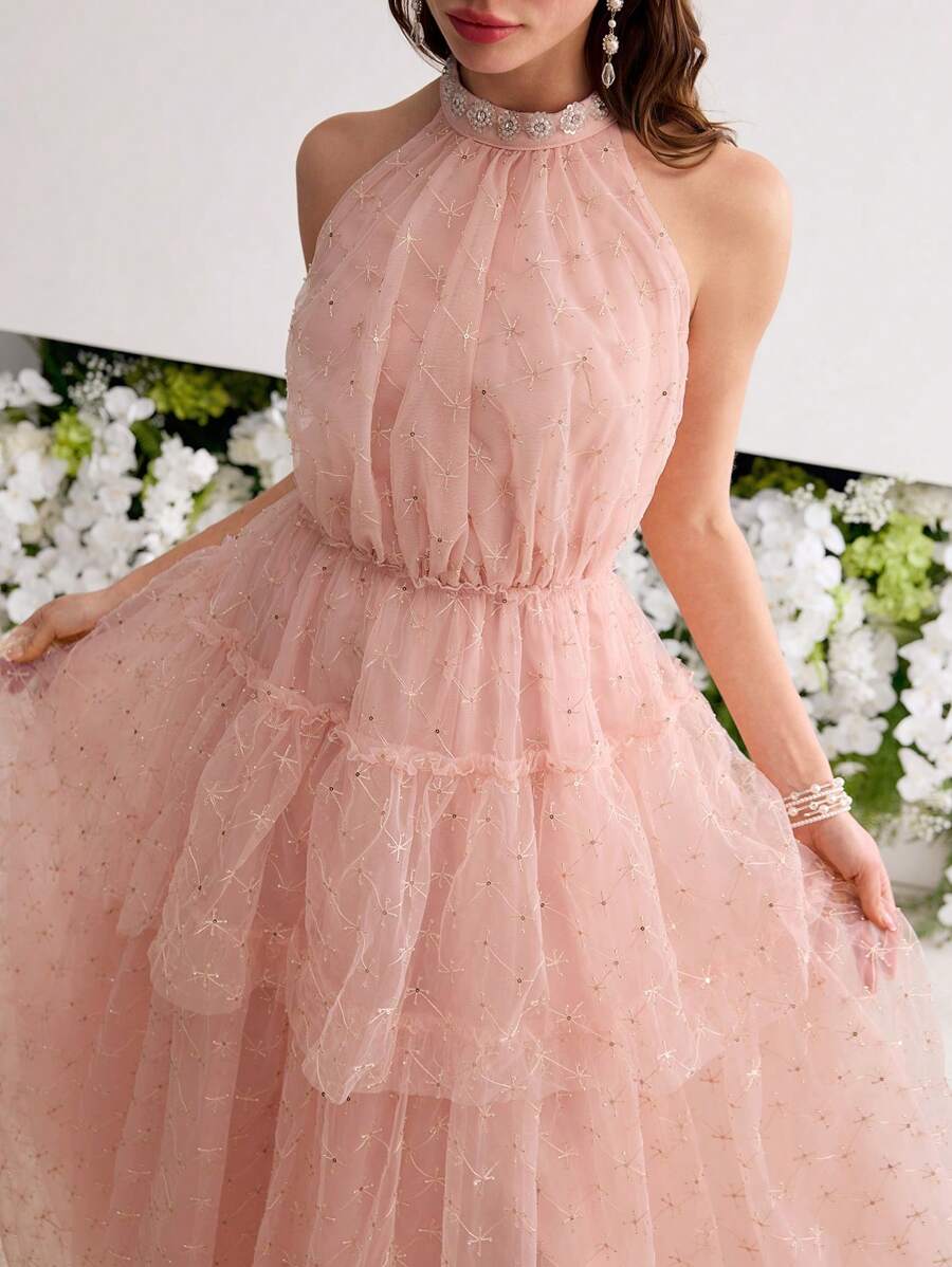 MOTF PREMIUM WOMEN'S EMBELLISHED MESH FLOWY GATHERED LONG DRESS, WEDDING DRESS - Baby Pink - View 2