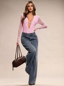 SHEIN BAE 春夏装女士纯色深 V 领网眼拼接长袖性感紧身衣 - 淺粉色 - 查看 4