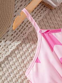 1pcs Pink 8-12 Years Old Girls Tropical Floral Print Retro Trim Camisole Mini Skirt Lightweight Outfit,Cute Summer Vacation Holiday Daily Wear Party - Pink - View 3