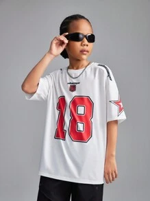 SHEIN Tween Girls Spring/Summer Streetwear Blokecore Football Red Number Letter Print Tee