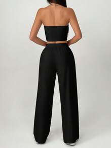 SHEIN PETITE 女士黑色两件套：休闲抹胸和阔腿裤套装，度假装女士 - 黑色 - 查看 2