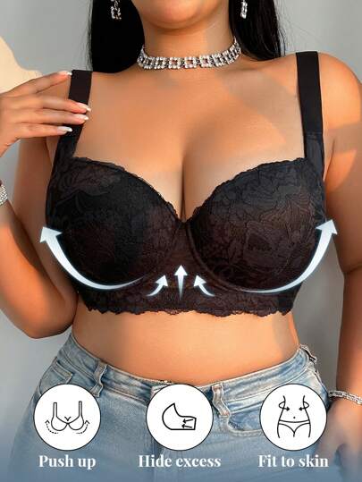 Plus Size Lace Padded Wireless Adjustable Lift & Support Underwire Lingerie Bra, Seamless