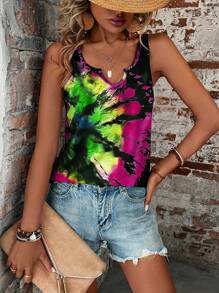 LONESS Tie Dye Notched Neckline Tank Top