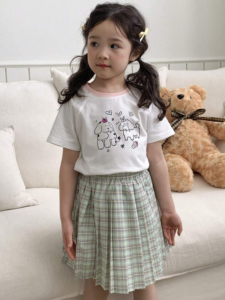 2pcs/Set Young Girl Cartoon Print Raglan Sleeve Short Sleeve T-Shirt And Plaid Mini Skirt, Casual Outfit