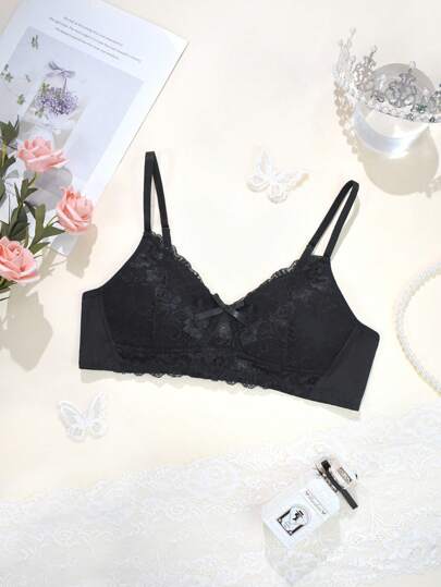 TonårsflickaTunn kupa Bekväm spets-BH med rosettdekor, Överdimensionerad kupstorlek