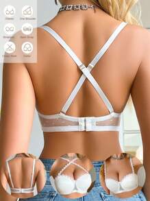 1pc Ladies Lace Floral Embellished Seamless Bandeau Bra, With Underwire Lingerie, Kawaii - White - View 5