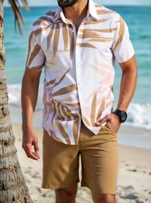 Manfinity RSRT Men Beach Outfits Tropical Print Shirt & Drawstring Waist Shorts - Khaki - View 2