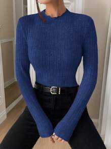 SHEIN Frenchy Mock Neck Ribbed Knit Textured Fabric Tee