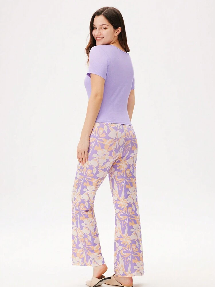 Conjunto de pijama holgado de camiseta tipo henley de algodón suave color púrpura y pantalones estampados para mujer, lencería como ropa exterior, primavera y verano