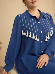 Graceveil Plus Size Women Long Embroidered Shirt Dress - Blue - View 5