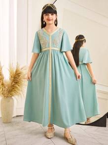 SHEIN Leap Crew Tween Girls Splice Casual Glitter V-Neck Metallic Ribbon Decor 3D Patch Dress - Green - View 3