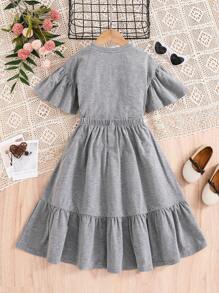 2 件套：少女纯色针织修身圆领 T 恤和修身针织裙 - 灰色 - 查看 5