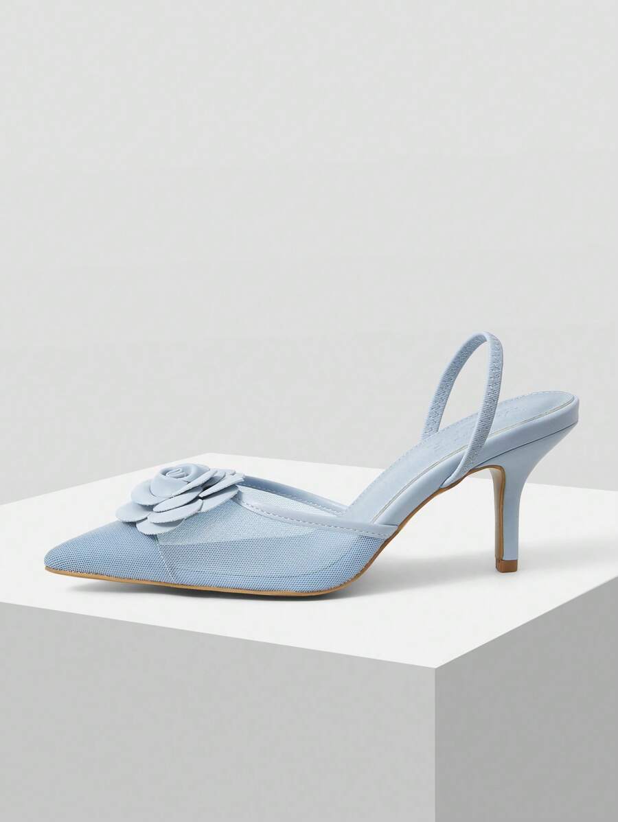 MOTF PREMIUM POINTED TOE FLORAL DETAIL HIGH HEELS, SPRING SHOES, SPRING BREAK EASTER PROM HEELS - Baby Blue - View 2