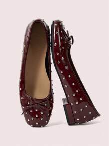 CUCCOO DOLLMOD Women Flat Mary Jane Shoes With Rivets, Cute Campus Style Low Heel - Burgundy - View 2