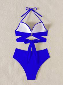 SHEIN Swim Women Summer Beach Solid Color Halter Tie Front Sexy Bikini Set, Wireless