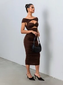 Chiquease Women's Hollow Out Ruched Twist Design Bodycon Elegant Maxi Dress - Brown - View 4