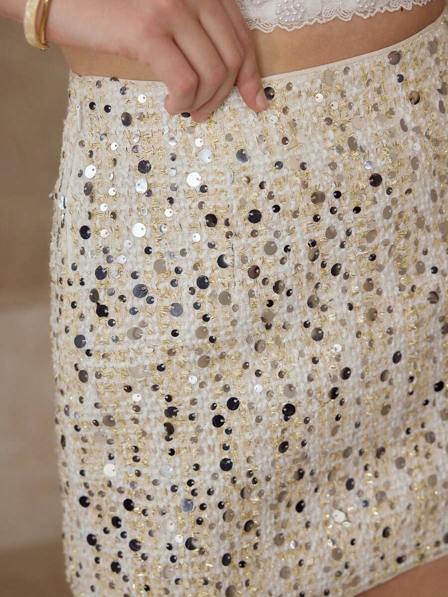 MOTF PREMIUM SEQUIN A LINE SKIRT - White - View 2