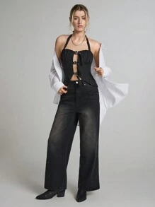 SHEIN EZwear Black Woven Halter Neck Women's Sexy Hollow Out Pleated Camisole - Black - View 2