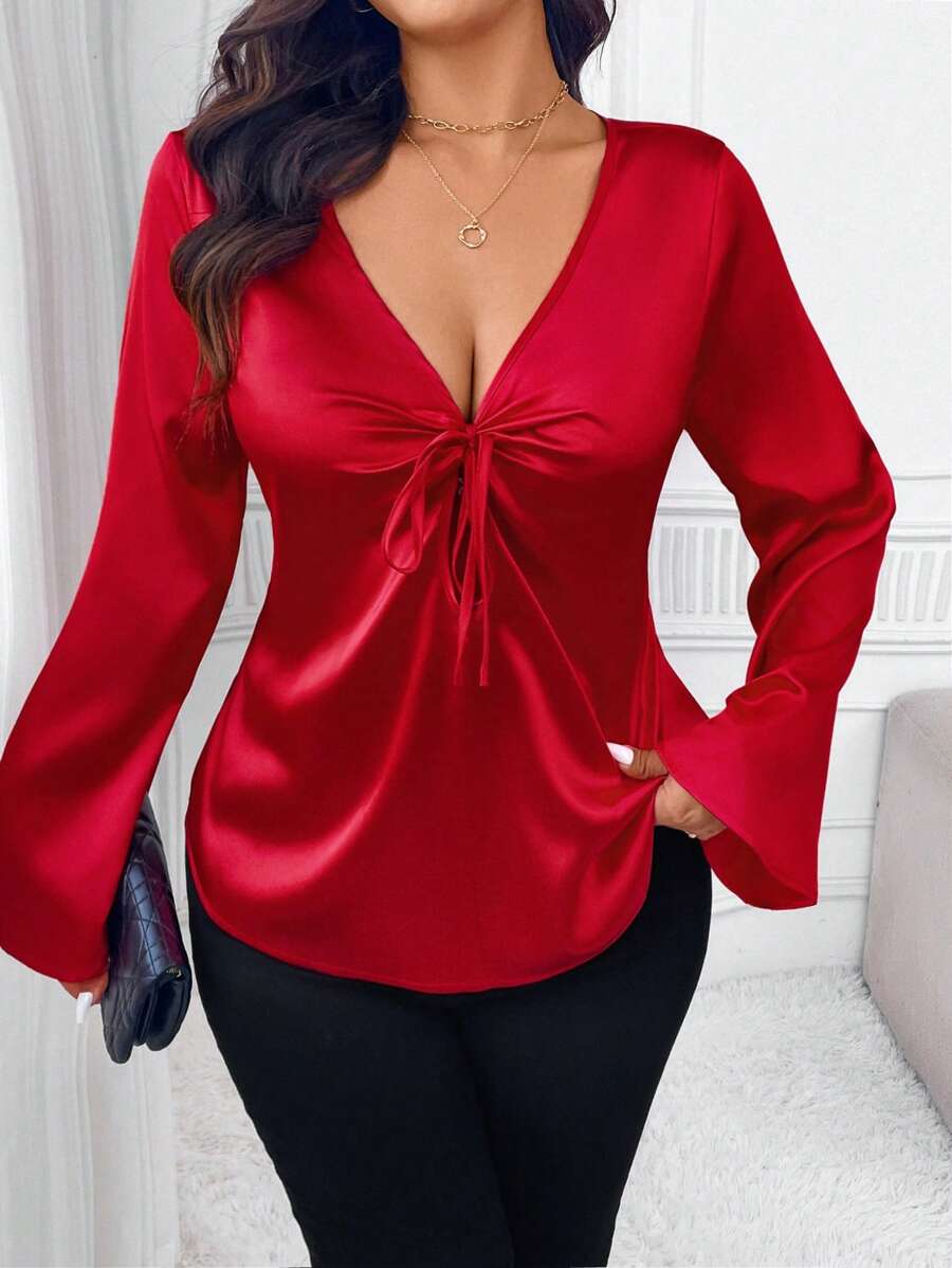 Celure Plus Size Women Elegant Commuter Blouse, Waist Cinched Slimming, Indirect Prim, Front Gathered V-Neck Bodycon Glossy Satin Red Flare Sleeve Shirt, Suitable For Valentine's Day, Dates, Gatherings, Business Meetings, Daily Work, Commute, Wedding Attendance, Etc.