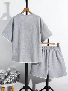 SHEIN Teen Boy Textured Fabric 2 In 1 T-Shirt And Shorts Set - Grey - View 2