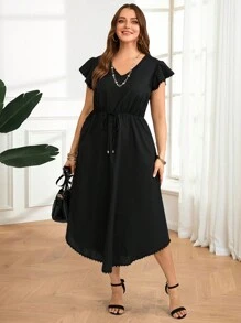 EMERY ROSE Plus Size Women Casual Solid Black Waist Cinched V-Neck Dress,Elegant Dress,Vacation Outfits Woman,Dresses For Women Summer,Casual Everyday Wear