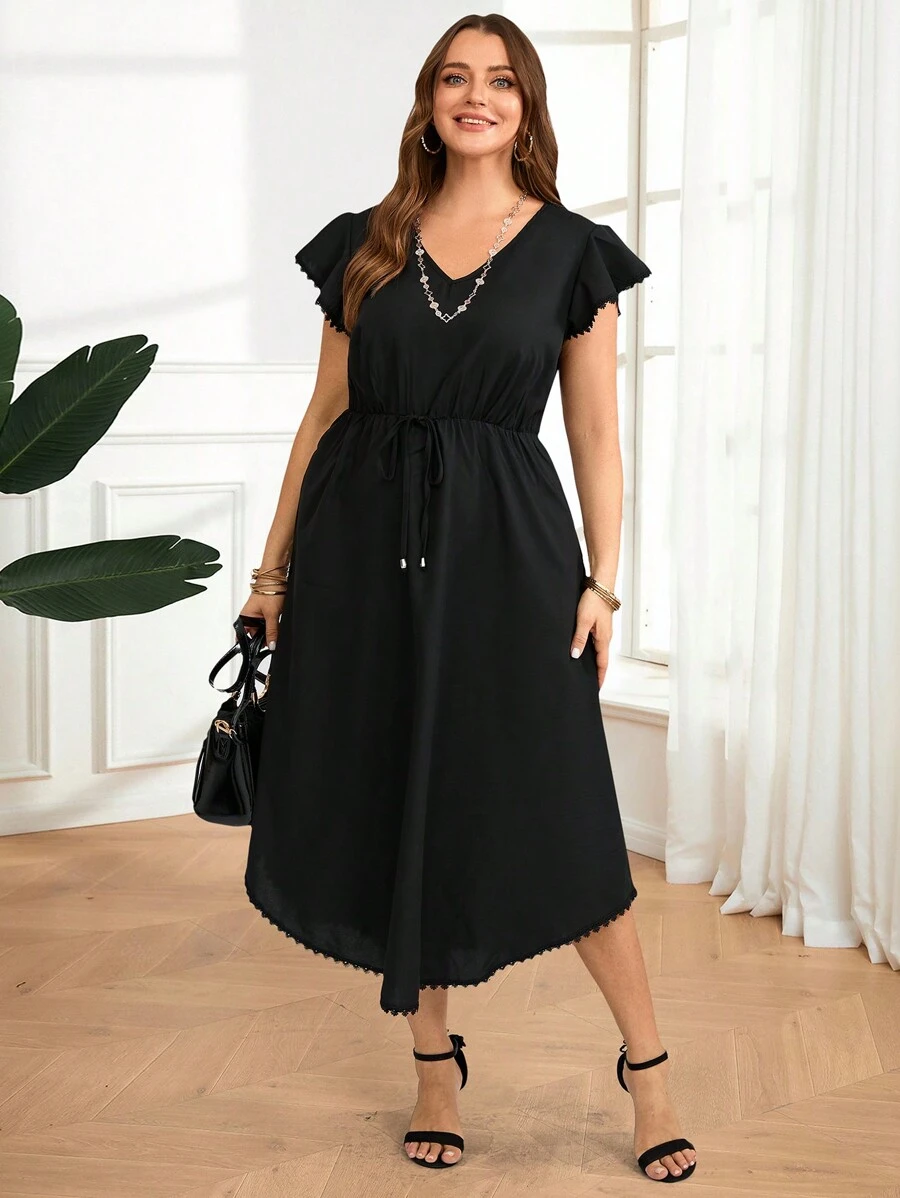 EMERY ROSE Plus Size Women Casual Solid Black Waist Cinched V-Neck Dress,Elegant Dress,Vacation Outfits Woman,Dresses For Women Summer,Casual Everyday Wear