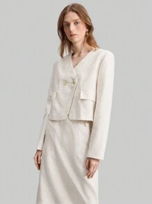 Ontre Women's Stand Collar Double-Breasted Long Sleeve Short Suit Jacket, Urban Vintage Style, Linen Material