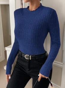 SHEIN Frenchy Mock Neck Ribbed Knit Textured Fabric Tee