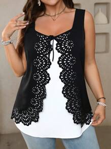 EMERY ROSE Blusa de talla grande, elegante camisa de línea A con dobladillo fruncido en color block negro y blanco