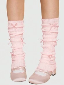ROMWE Kawaii 1 par de calentadores de piernas con volantes con corazón, tema de chica vainilla con lazo color rosa brillante, para todas las estaciones
