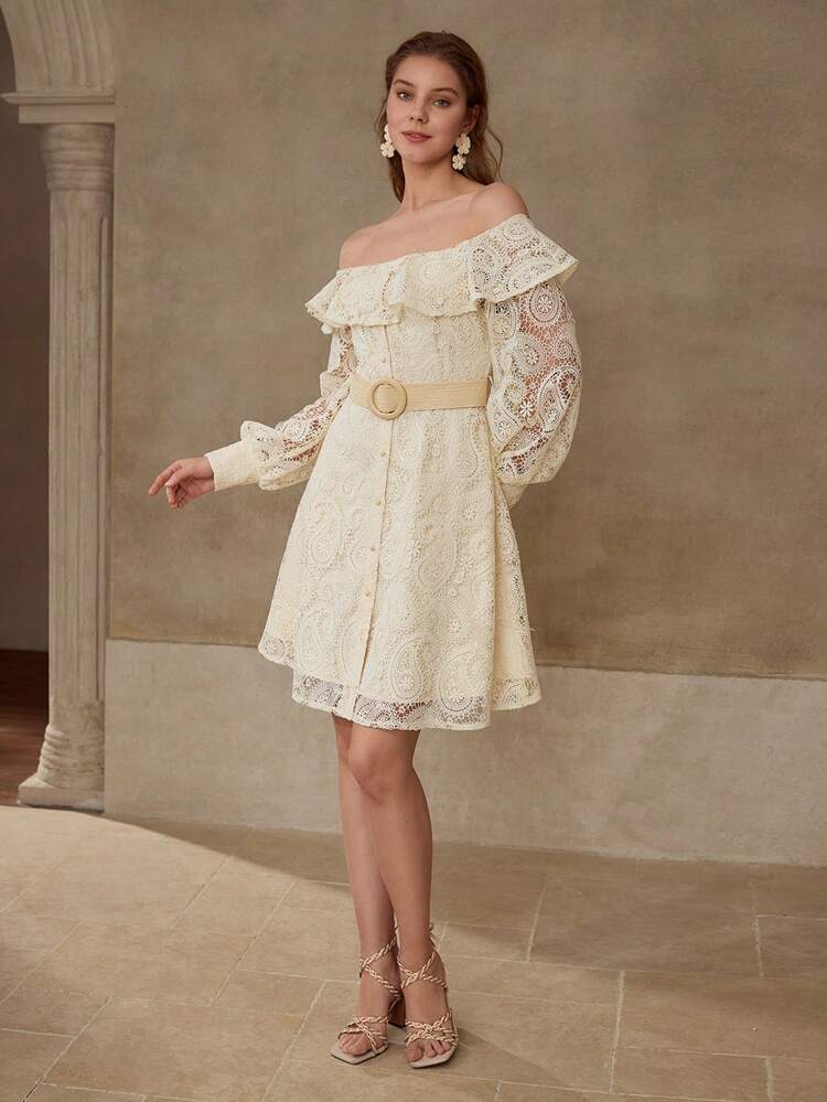 OFF SHOULDER RUFFLE TRIM DRESS